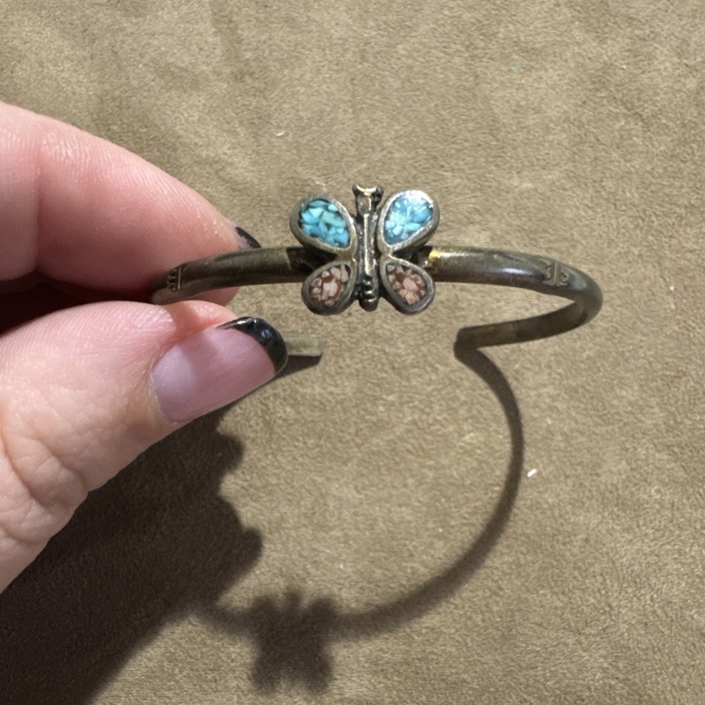 Vintage butterfly sterling silver inlaid coral turquoise Native Cuff Bracelet